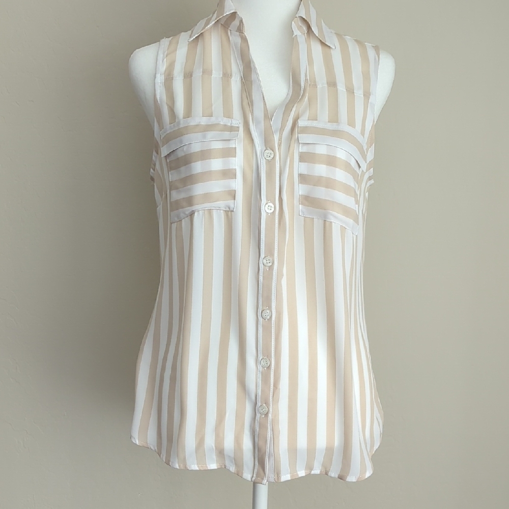 New York & Company Beige and White Striped Blouse, S